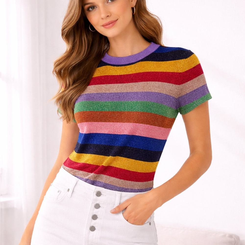 Alice + Olivia Rainbow Metallic Stripe Knit Tee
